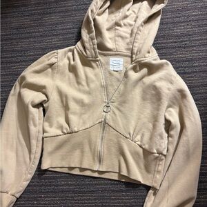 Tan Cropped Hoodie with Zipper